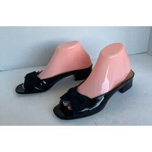 Salvatore Ferragamo Black Patent Leather Bow Open Toe Mule Slide Sandals Sz 7.5B
